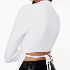 Babaton White Ribbed Tie-Back Long Sleeve Crop Top